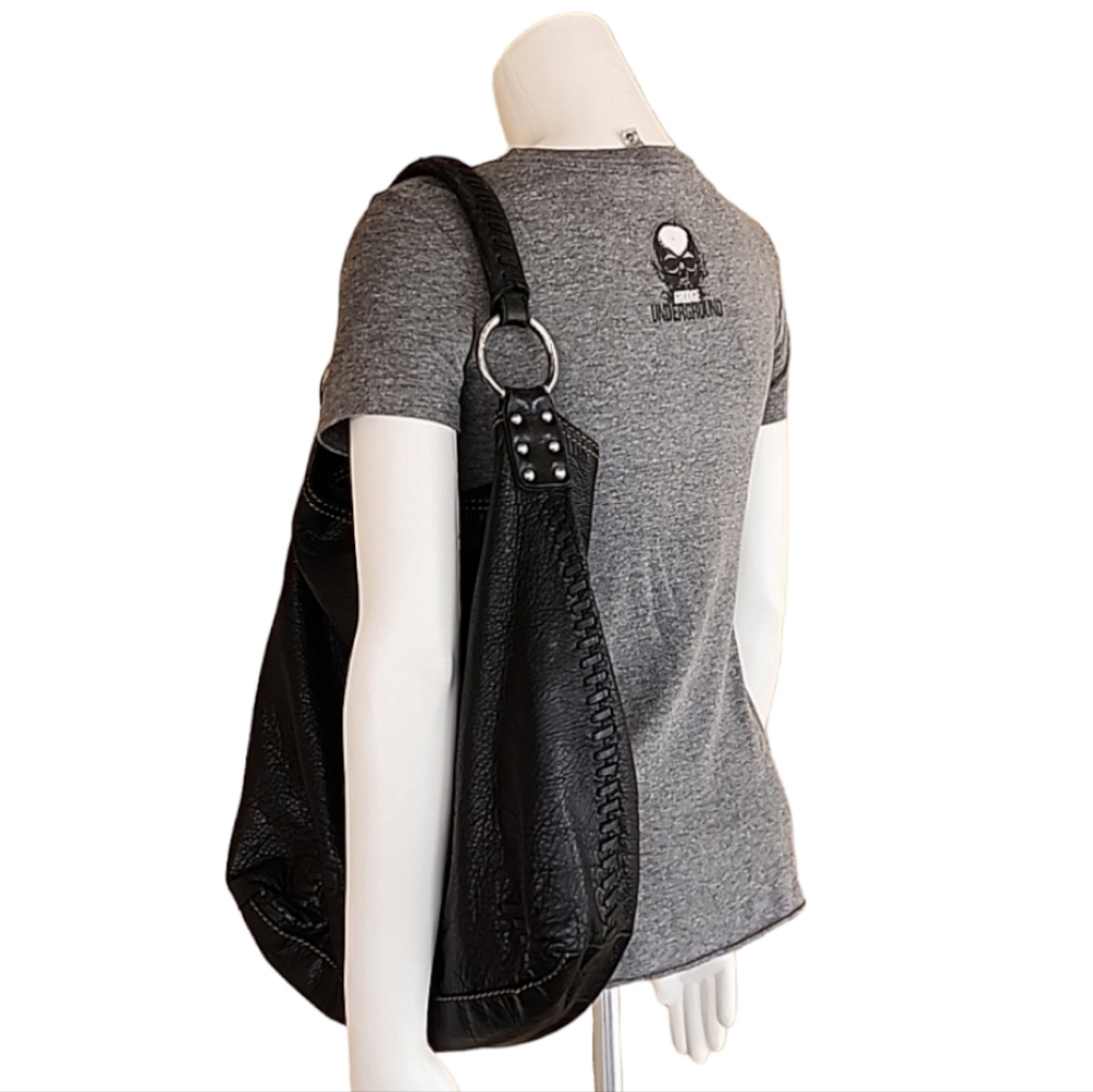 LUCKY BRAND Whipstitch Black Pebbled Leather Hobo Shoulder Bag Studs VINTAGE Y2K - Picture 4 of 16